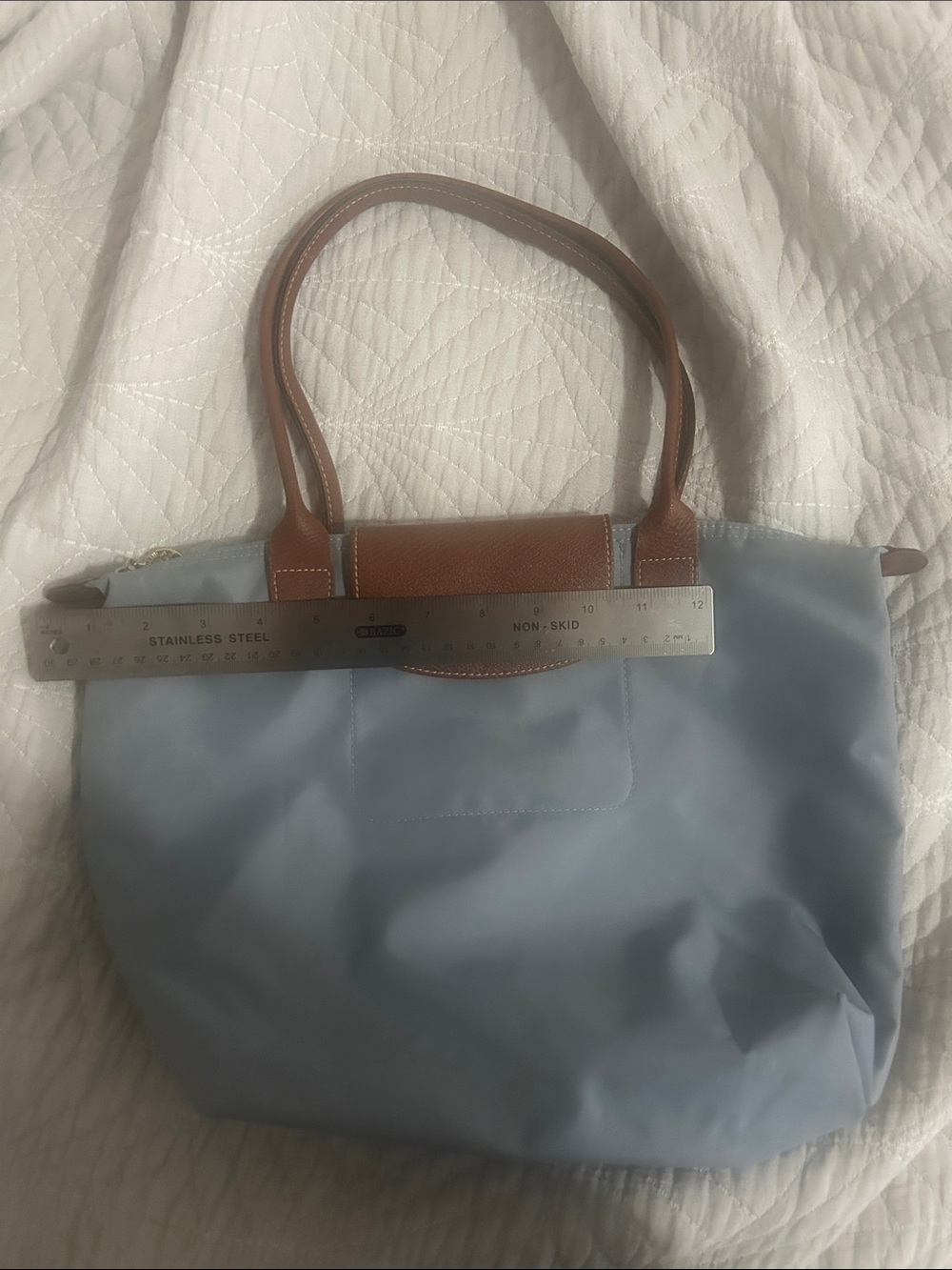Longchamp Light Blue Nylon Tote with Brown Leather Trim - Picture 16 of 16